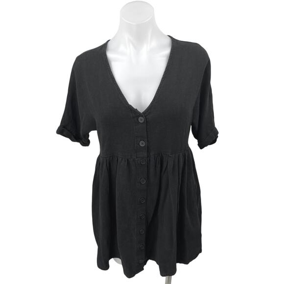 Urban Outfitters Black Linen Short Sleeve V-neck Button Down Mini Shirt Dress XS - Picture 1 of 5